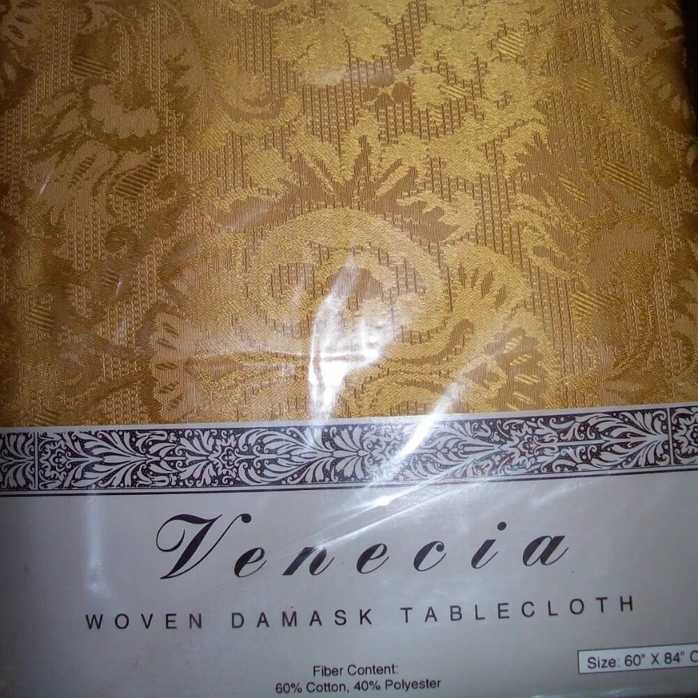 Lovely NIP Venecia Gold Woven Damask Tablecloth 60 by 84 Oblong (New Old Stock)
